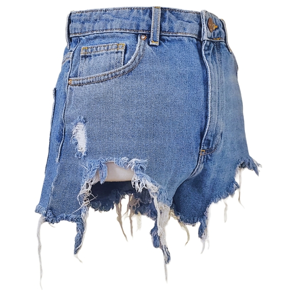 High Waist Distressed Denim Shorts - Picture 1 of 7